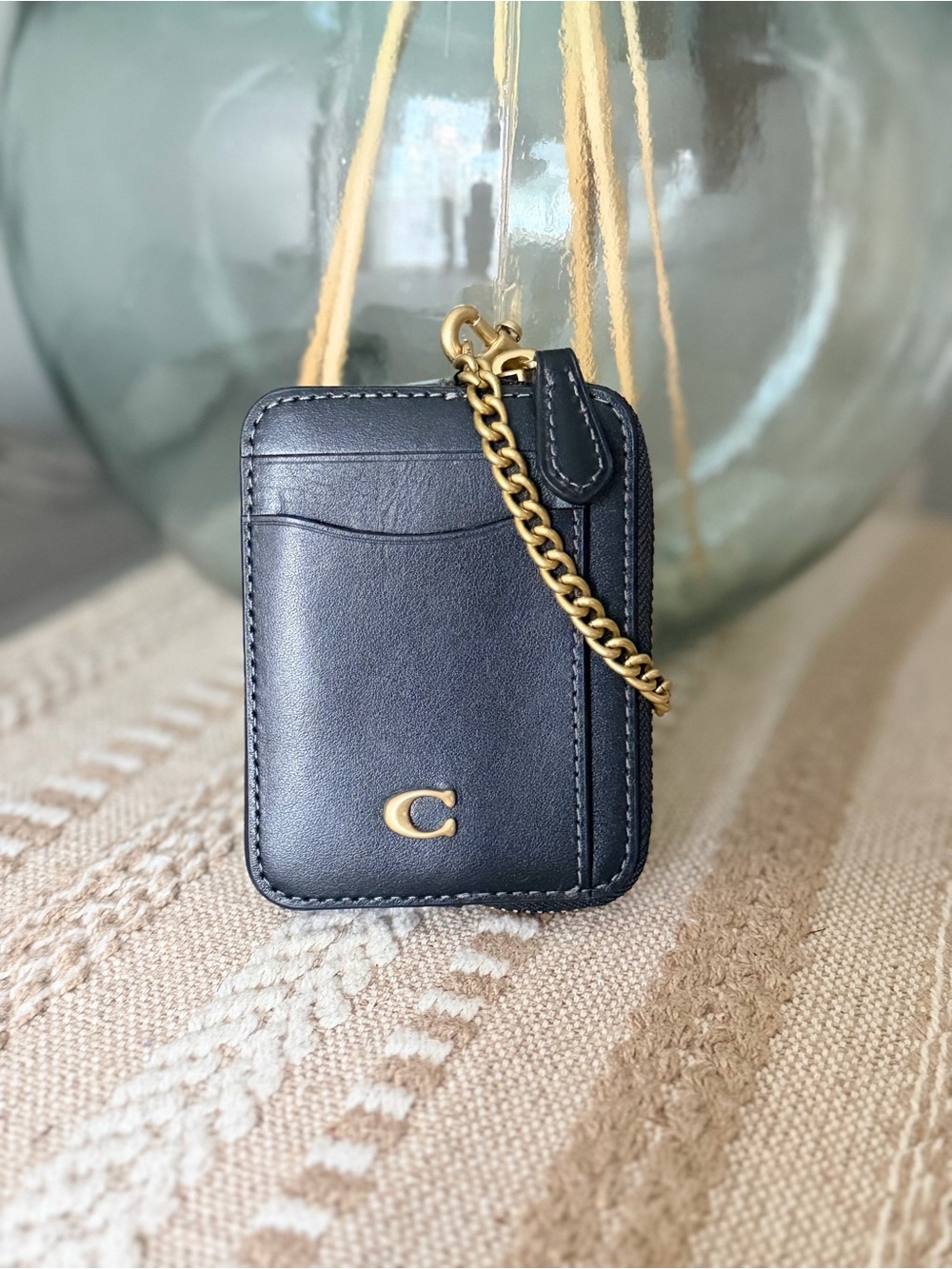 Coach Black Leather Card Holder with Gold Chain Accent